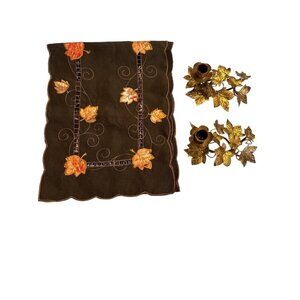 Embroidered Fall Table Runner & Gold Leaf Candle Holders Set